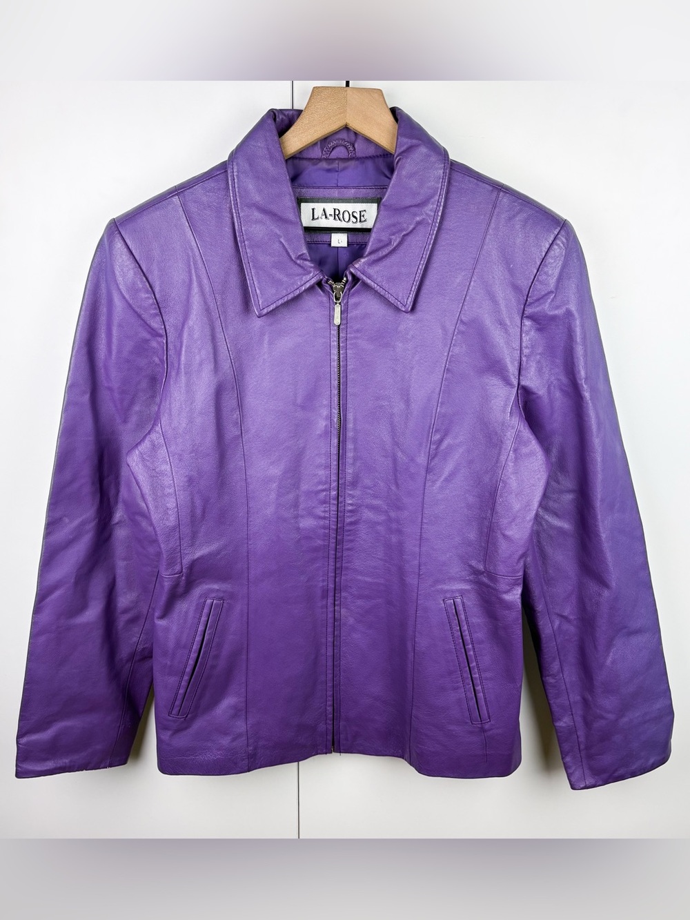 Vintage Y2K 90s Purple Genuine Leather Zip Front Jacket Large Grunge Autumn Bold